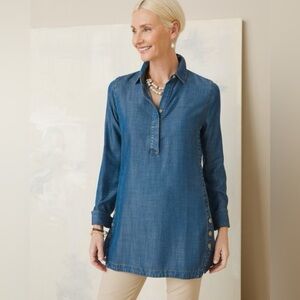 Chico’s Blue Denim Tencel Tunic Top Coastal Cottagecore Size Small